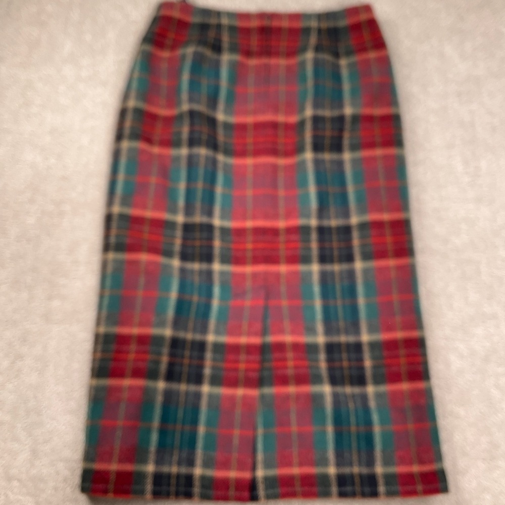 Talbots Skirt Womens 14 Red Green Plaid Wrap Button Fringe Preppy‎ Straight Wool - Picture 7 of 8